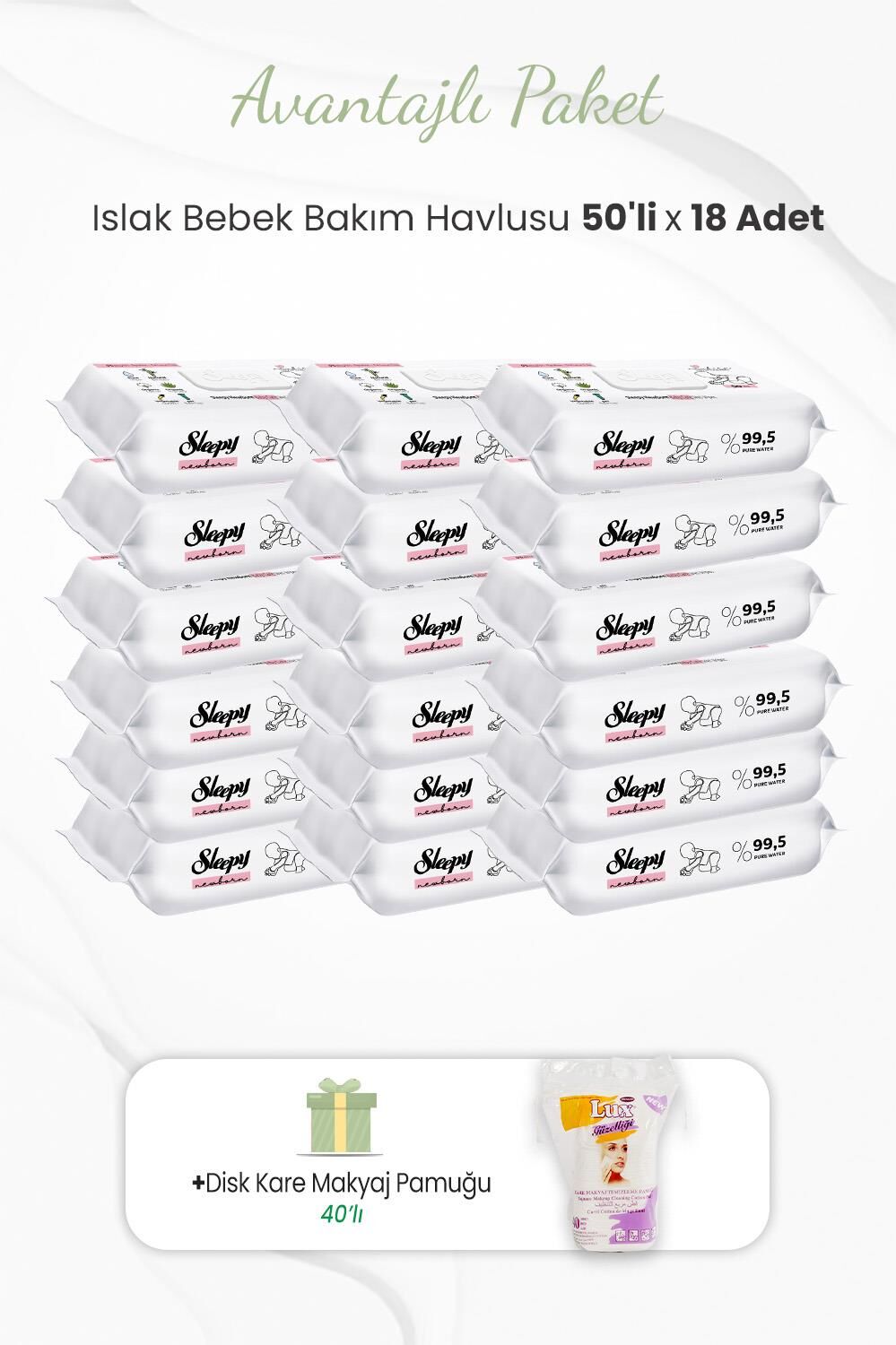 Sleepy 50'li Yenidoğan Bebek Bakım Havlusu x 18 Adet ve Makyaj Pamuğu 40'lı