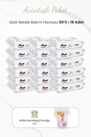 Sleepy 50'li Yenidoğan Bebek Bakım Havlusu x 18 Adet ve Makyaj Pamuğu 40'lı