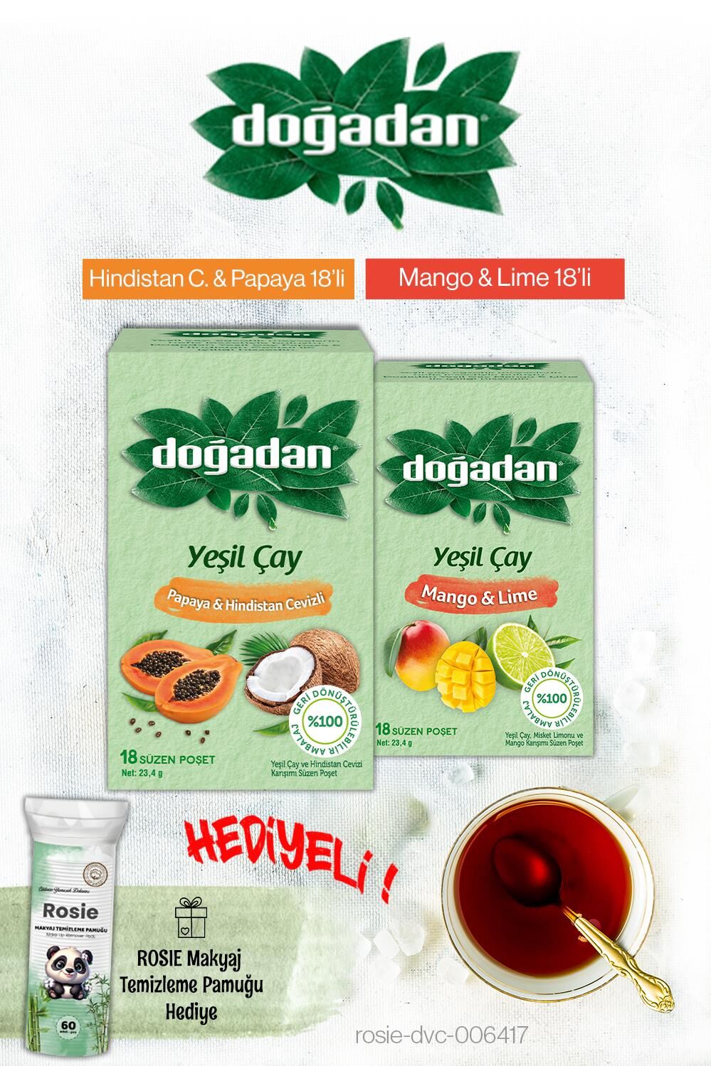 Doğadan Yeşil Çay Mango Lime ve Hindistan Cevizi Papaya Poşet Çay ve Rosie Hediyeli