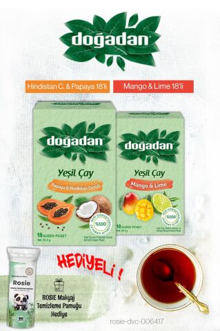 Doğadan Yeşil Çay Mango Lime ve Hindistan Cevizi Papaya Poşet Çay ve Rosie Hediyeli