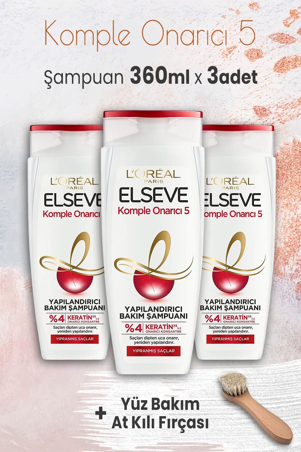 Elseve Komple Onarıcı 5 Şampuan 360 ml x 3 Adet ve Yüz Bakım At Kılı Fırçası