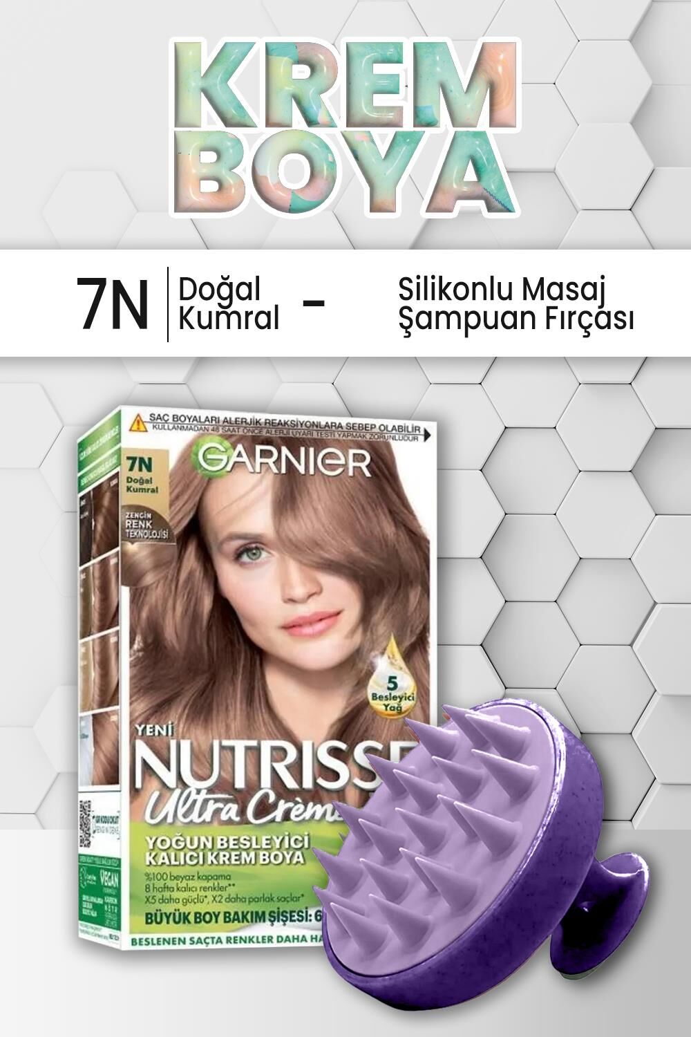 Garnier Nutrisse Yoğun Besleyici Krem Saç Boyası 7N Doğal Kumral ve Şampuan Fırçası Mor