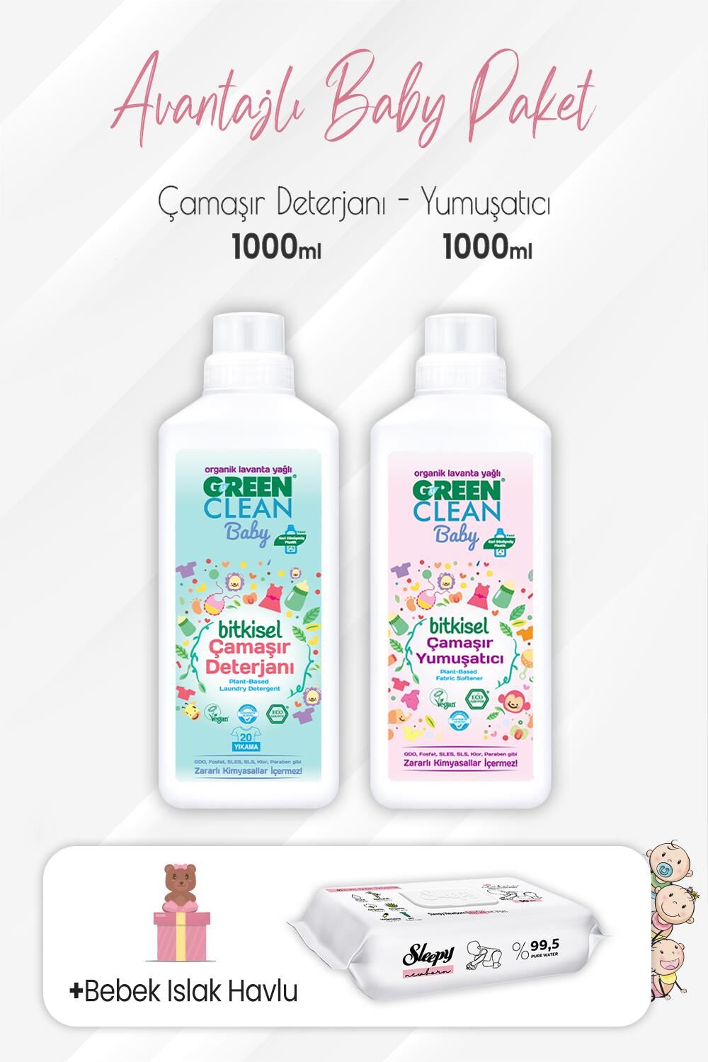 Green Clean Baby Deterjan, Yumuşatıcı 1 lt ve Yenidoğan Devam 50'li