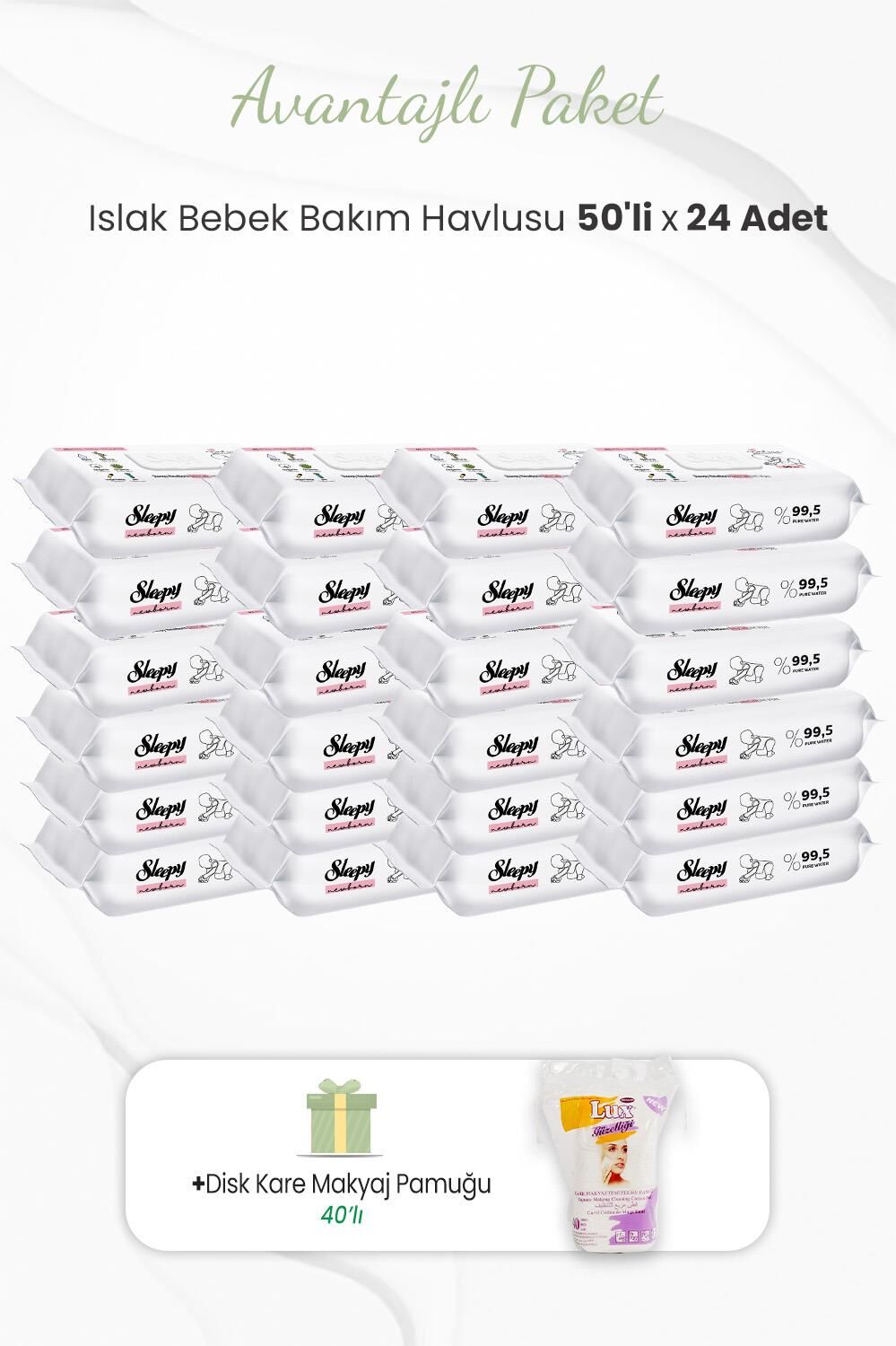 Sleepy 50'li Yenidoğan Bakım Havlusu x 24 Adet ve 40'lı Makyaj Pamuğu