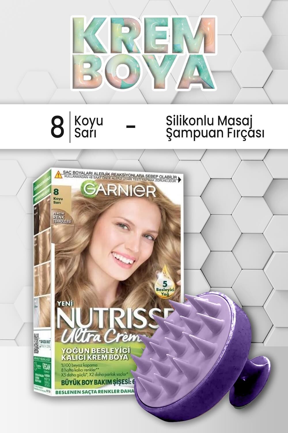 Garnier Nutrisse Yoğun Besleyici Krem Saç Boyası 8 Koyu Sarı ve Şampuan Fırçası Mor