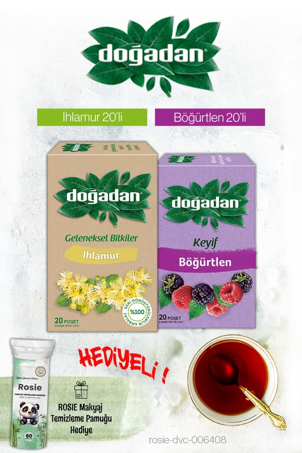 Doğadan Ihlamur ve Böğürtlenli Karışık Meyve Poşet Çay ve Rosie Hediyeli