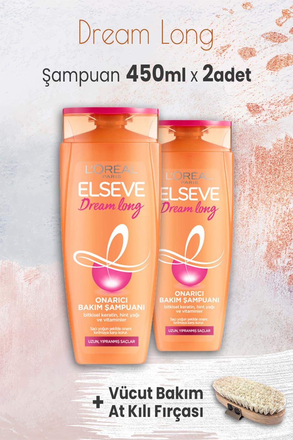 Elseve Dream Long Onarıcı Şampuan 450 ml x 2 Adet ve Vücut Bakım At Kılı Fırçası