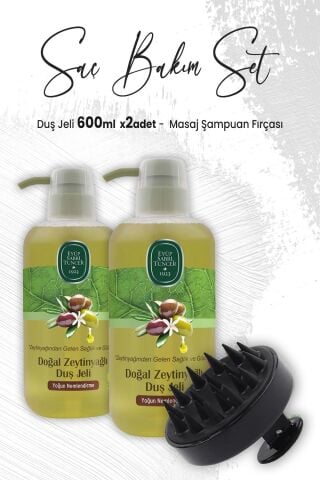 Eyüp Sabri Tuncer Zeytinyağlı Duş Jeli 600 ml x 2 Adet ve Masaj Şampuan Fırçası Siyah