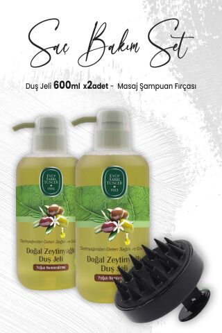 Eyüp Sabri Tuncer Zeytinyağlı Duş Jeli 600 ml x 2 Adet ve Masaj Şampuan Fırçası Siyah