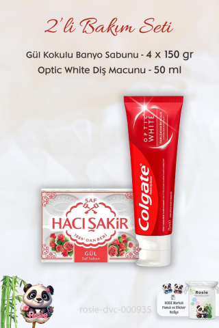 Colgate Optic White Parıldayan Beyazlık 50 ml,  H. Şakir Gül Kokulu Banyo Sabunu 4 x 150 gr ve ROSIE