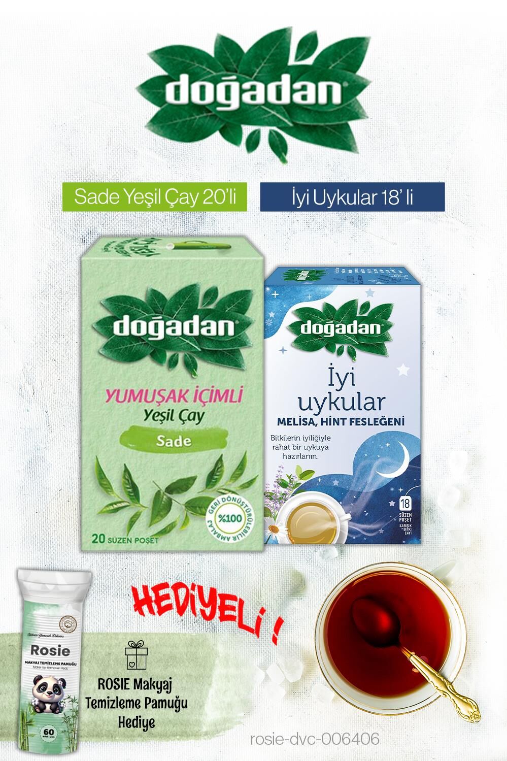 Doğadan Yeşil Çay Yumuşak İçim ve Melisa Ve Hint Fesleğeni Poşet Çay ve Rosie Hediyeli