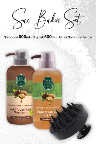 Eyüp Sabri Tuncer Argan Şampuan 600 ml, Duş Jeli 600 ml ve Masaj Şampuan Fırçası Siyah