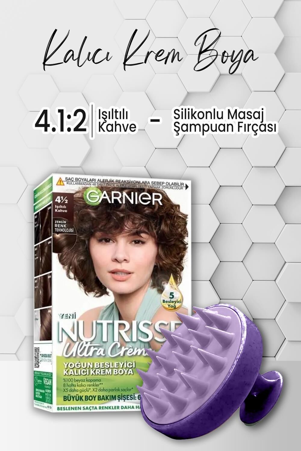 Garnier Nutrisse Yoğun Besleyici Krem Saç Boyası 4 1:2 Işıltılı Kahve ve Şampuan Fırçası Mor