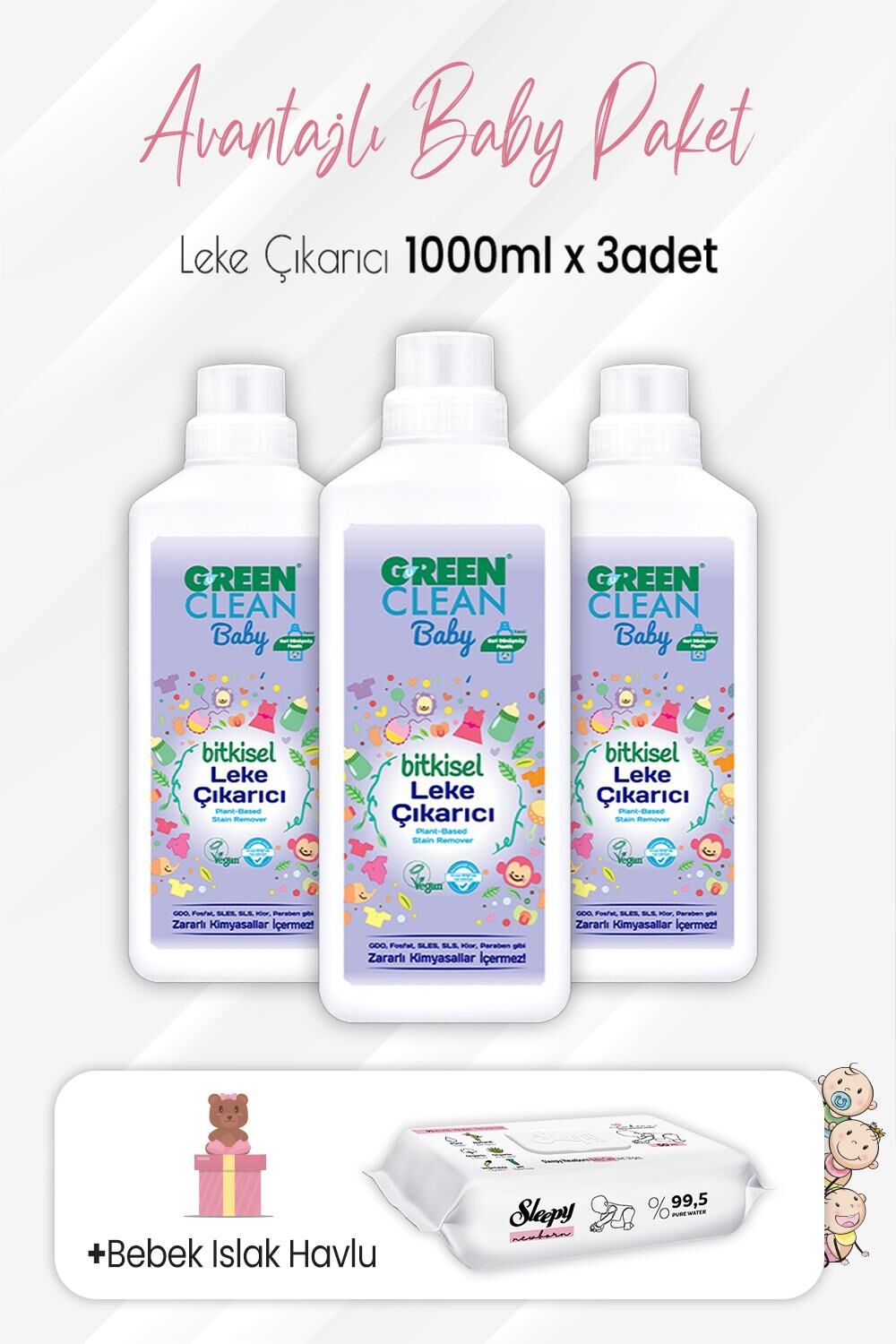 Green Clean Baby Leke Çıkarıcı 1 lt x 3 Adet ve Yenidoğan Devam 50'li
