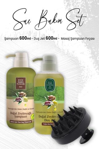 Eyüp Sabri Tuncer Zeytinyağlı Şampuan 600 ml, Duş Jeli 600 ml ve Masaj Şampuan Fırçası Siyah