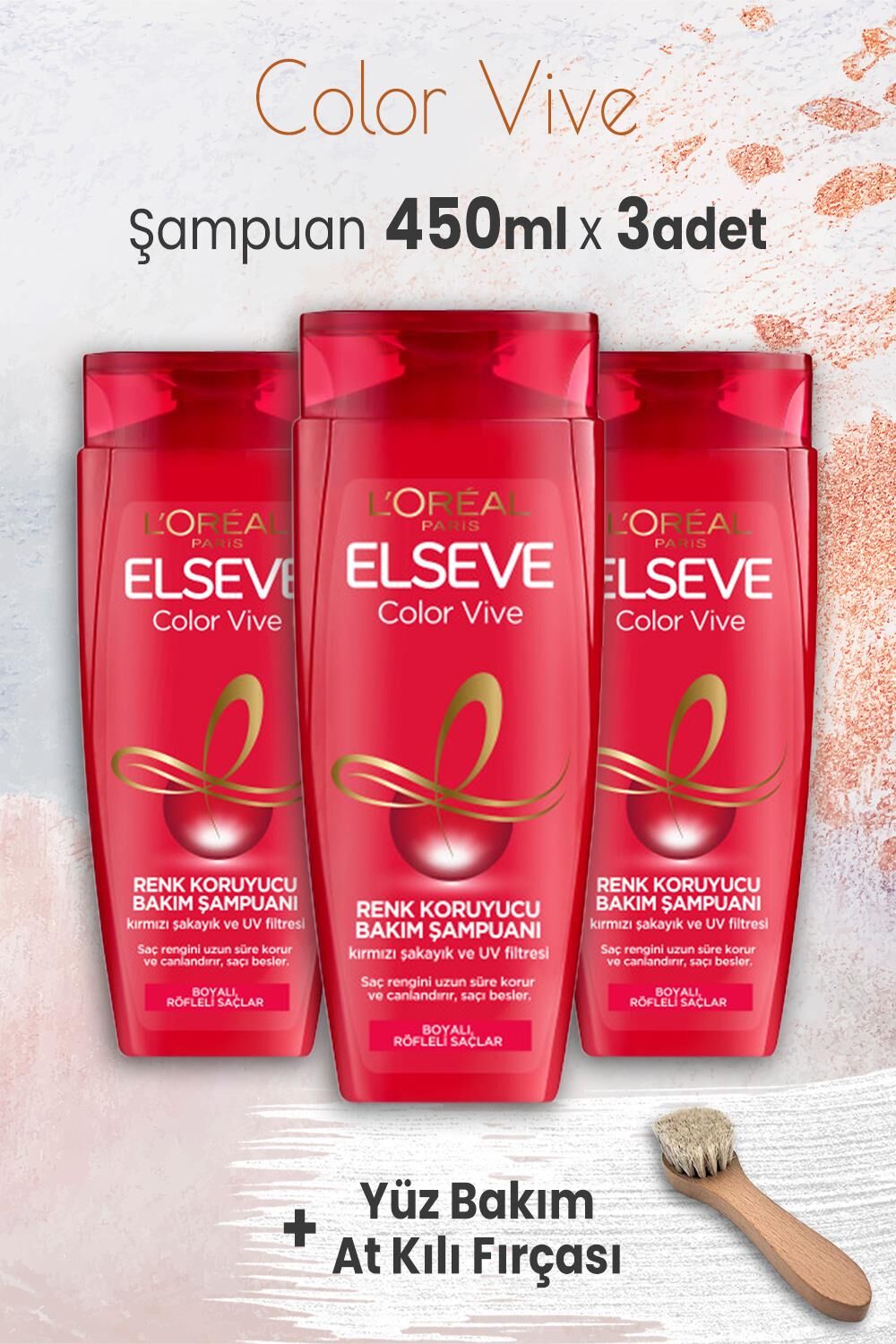 Elseve Color Vive Renk Koruyucu Şampuan 450 ml x 3 Adet ve Yüz Bakım At Kılı Fırçası