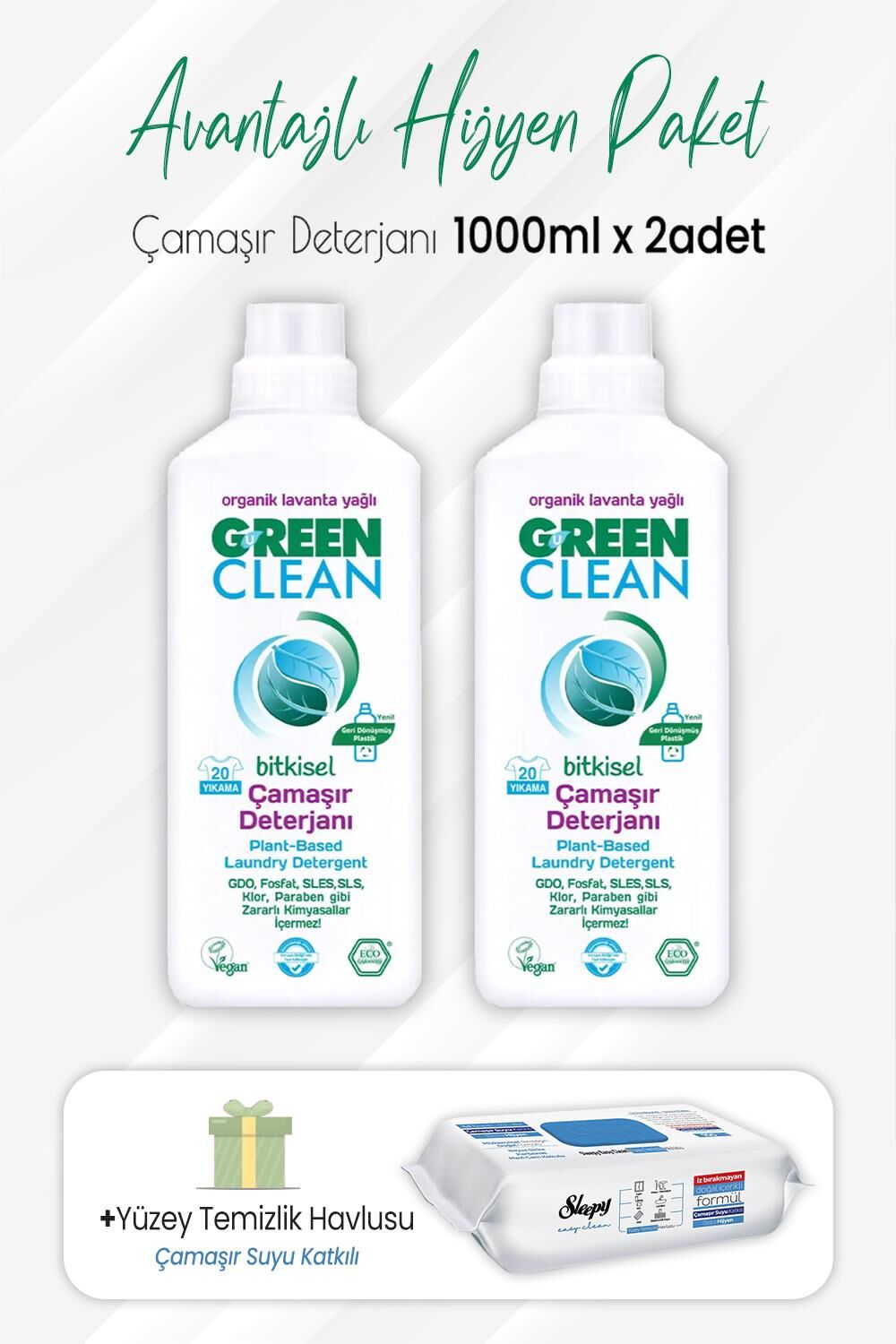 Green Clean Çamaşır Deterjanı 1 lt x 2 Adet ve Çamaşır Sulu Temizlik Havlusu 100' lü