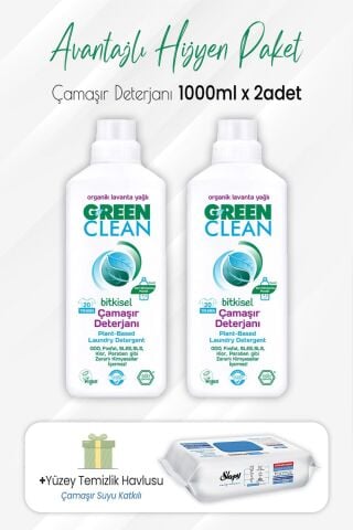 Green Clean Çamaşır Deterjanı 1 lt x 2 Adet ve Çamaşır Sulu Temizlik Havlusu 100' lü