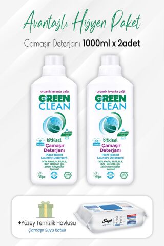 Green Clean Çamaşır Deterjanı 1 lt x 2 Adet ve Çamaşır Sulu Temizlik Havlusu 100' lü