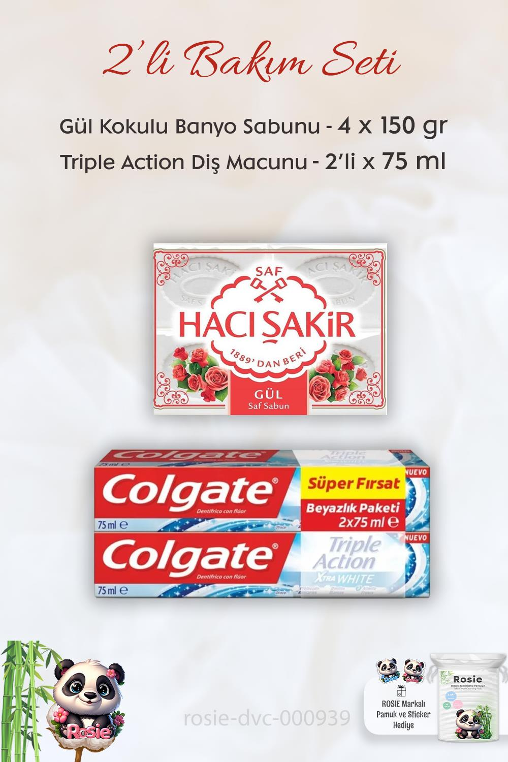 Colgate Extra White Diş Macunu 2 x 75 ml, H. Şakir Gül Kokulu Banyo Sabunu 4 x 150 gr ve ROSIE