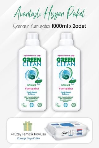 Green Clean Yumuşatıcı Lavanta 1 lt x 2 Adet ve Çamaşır Sulu Temizlik Havlusu 100' lü