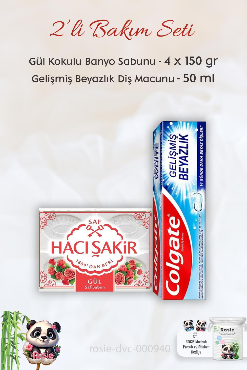 Colgate Diş Macunu Gelişmiş Beyazlık 50 ml,  H. Şakir Gül Kokulu Banyo Sabunu 4 x 150 gr