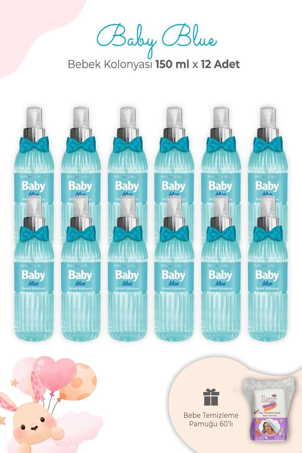 Eyüp Sabri Tuncer Baby Blue Bebek Kolonyası 150 ml x 12 Adet ve Kare Bebek Pamuğu