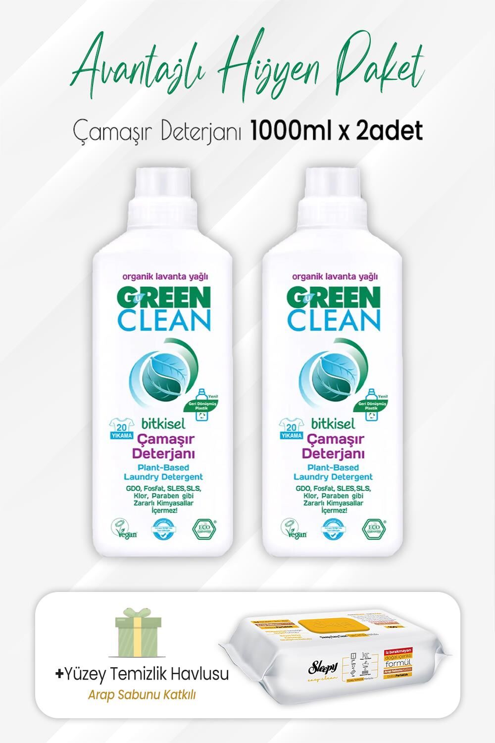 Green Clean Bitkisel Çamaşır Deterjanı 1 lt x 2 Adet ve Arap Sabunlu Temizlik Havlusu 100' lü