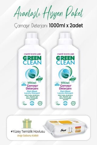 Green Clean Bitkisel Çamaşır Deterjanı 1 lt x 2 Adet ve Arap Sabunlu Temizlik Havlusu 100' lü