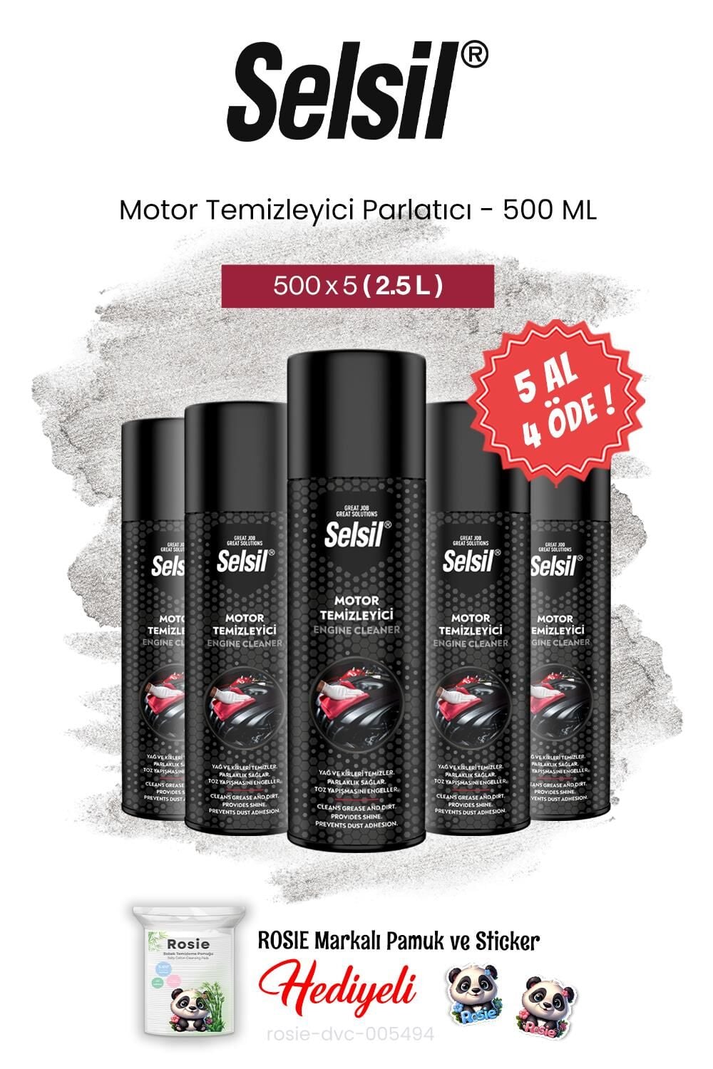 Selsil 5 AL 4 ÖDE Motor Temizleyici Parlatıcı, 500 ml ve rosie pamuk