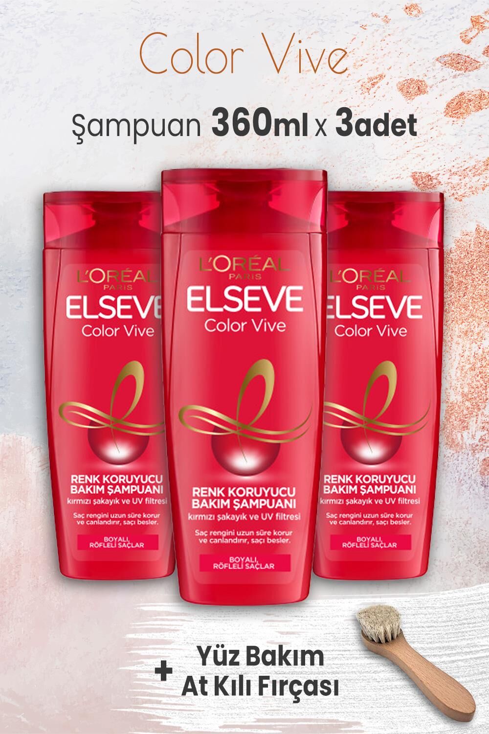 Elseve Color Vive Renk Koruyucu Şampuan 360 ml x 3 Adet ve Yüz Bakım At Kılı Fırçası
