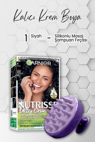 Garnier Nutrisse Yoğun Besleyici Krem Saç Boyası 1 Siyah ve Şampuan Fırçası Mor