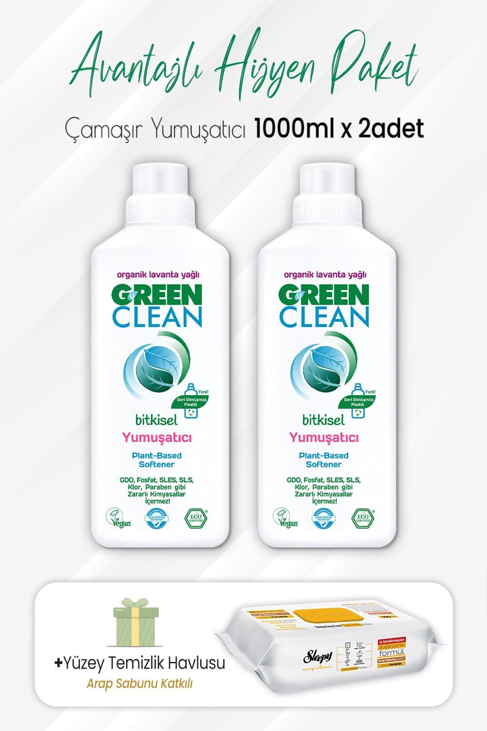 Green Clean Bitkisel Yumuşatıcı Lavanta 1 lt x 2 Adet ve Arap Sabunlu Temizlik Havlusu 100' lü