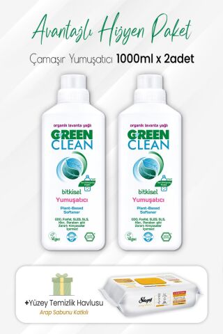 Green Clean Bitkisel Yumuşatıcı Lavanta 1 lt x 2 Adet ve Arap Sabunlu Temizlik Havlusu 100' lü
