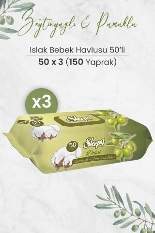 Sleepy Doğal Zeytinyağlı Ve Pamuklu Islak Bebek Havlusu 50 x 3 Adet (150 Yaprak)