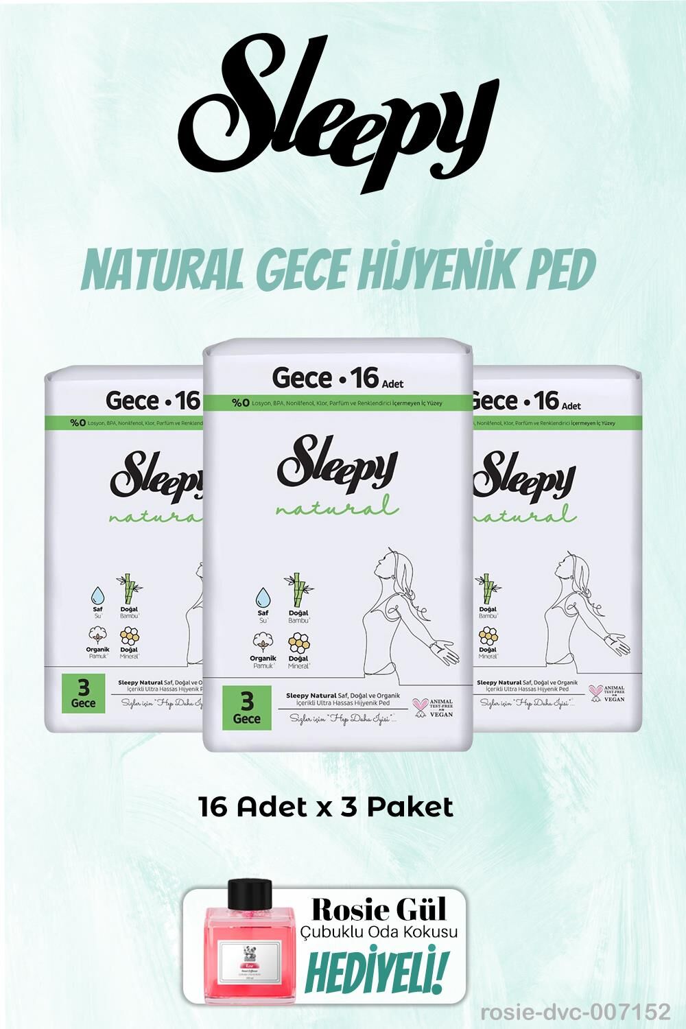 Sleepy 3'lü Gece Natural 16'lı Hijyenik Ped ve Rosie Oda kokusu