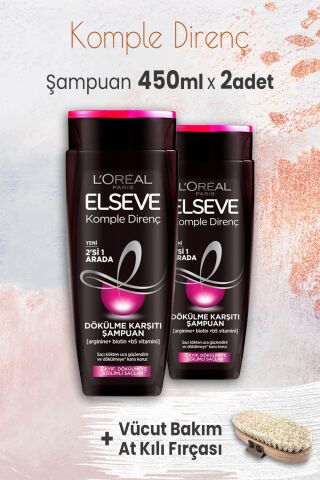 Elseve Komple Direnç 2' si 1 Arada Şampuan 450 ml x 2 Adet ve Vücut Bakım At Kılı Fırçası