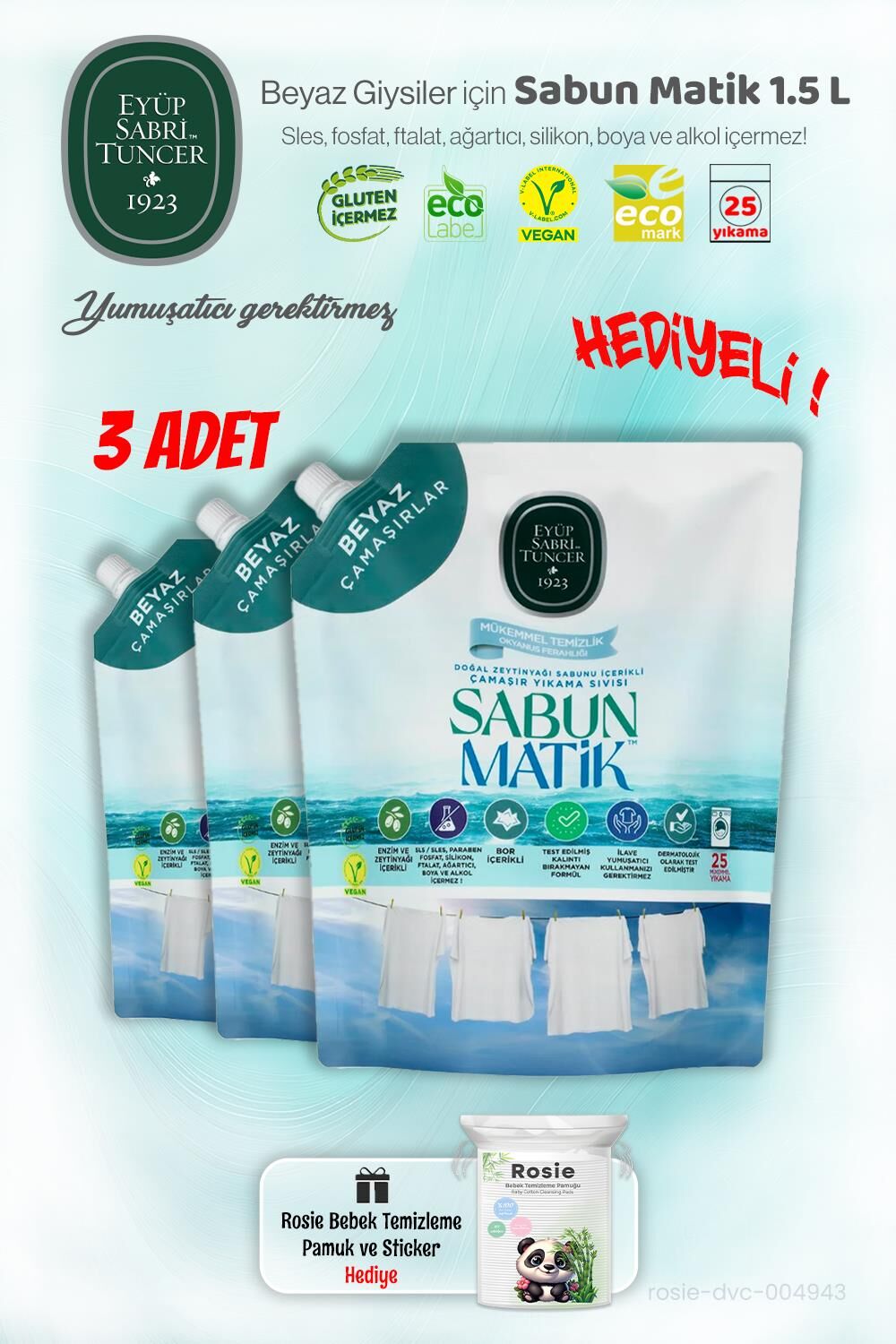 3'lü Beyazlar Sıvı Sabun Matik 1.5 L ve ROSIE Hediye