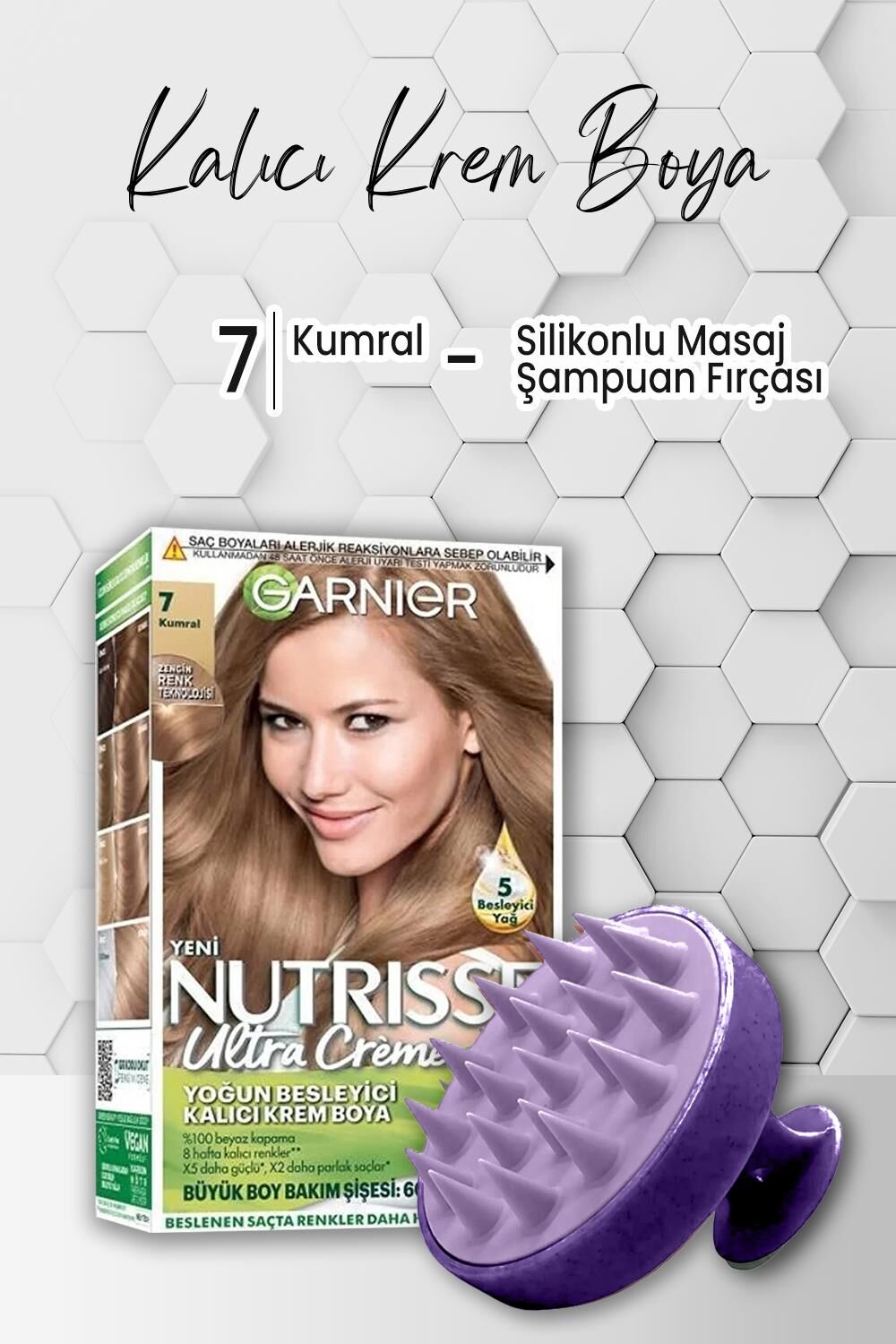 Garnier Nutrisse Yoğun Besleyici Krem Saç Boyası 7 Kumral ve Şampuan Fırçası Mor