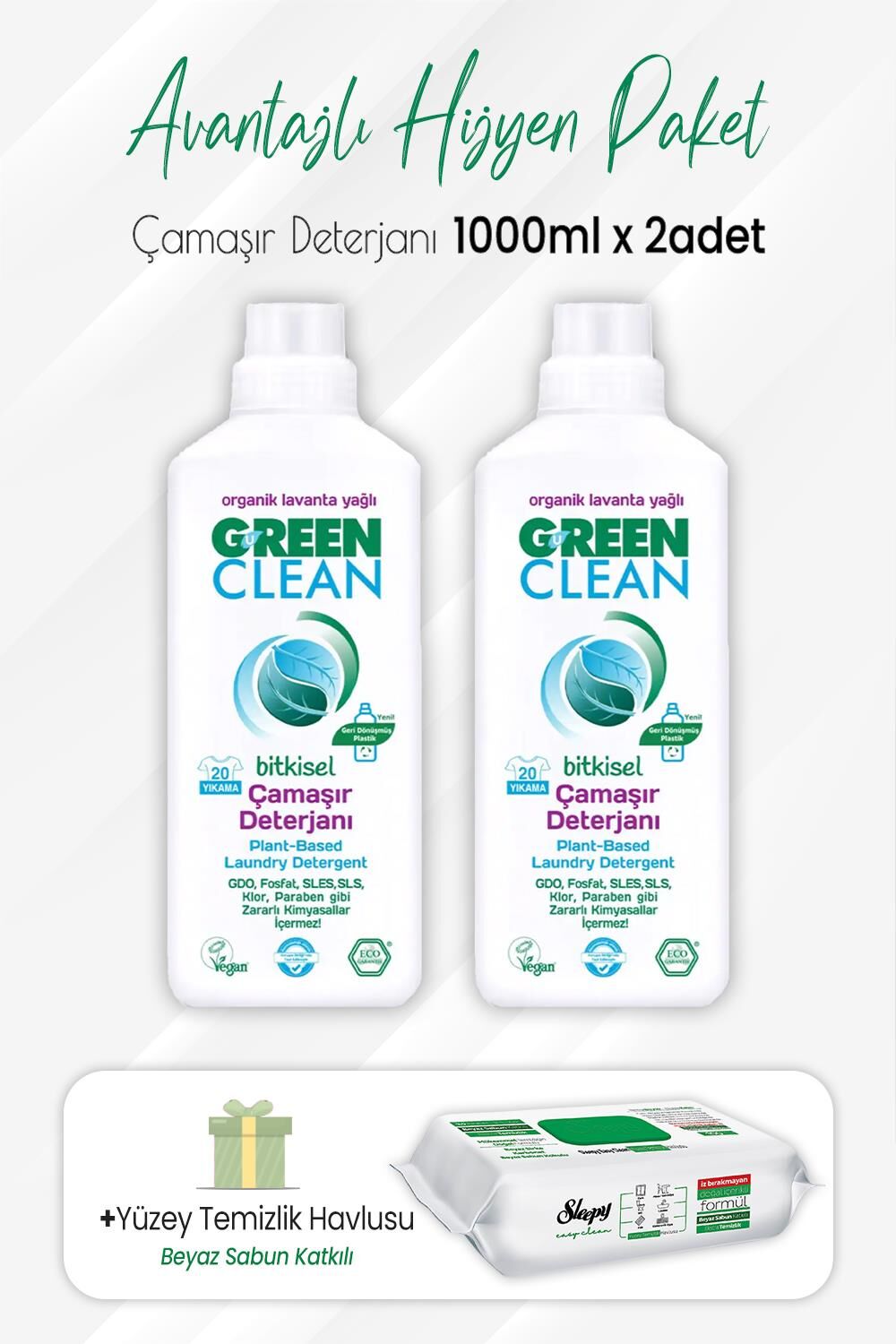 Green Clean Çamaşır Deterjanı 1 lt x 2 Adet ve Easy Clean Temizlik Havlusu 100' lü