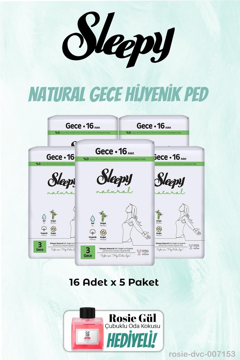 Sleepy Gece 5 Paket Natural 16'lı Hijyenik Ped ve Rosie Oda kokusu