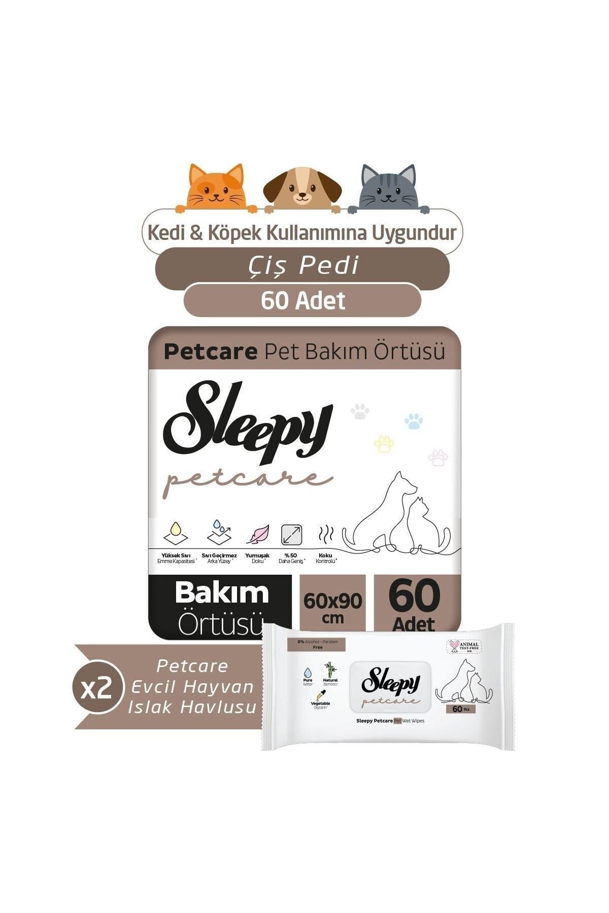 Sleepy 30'lu Pet Bakım Örtüsü x 2, 60'lı Evcil Hayvan Islak Havlusu x 2 Adet