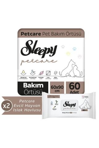 Sleepy 30'lu Pet Bakım Örtüsü x 2, 60'lı Evcil Hayvan Islak Havlusu x 2 Adet