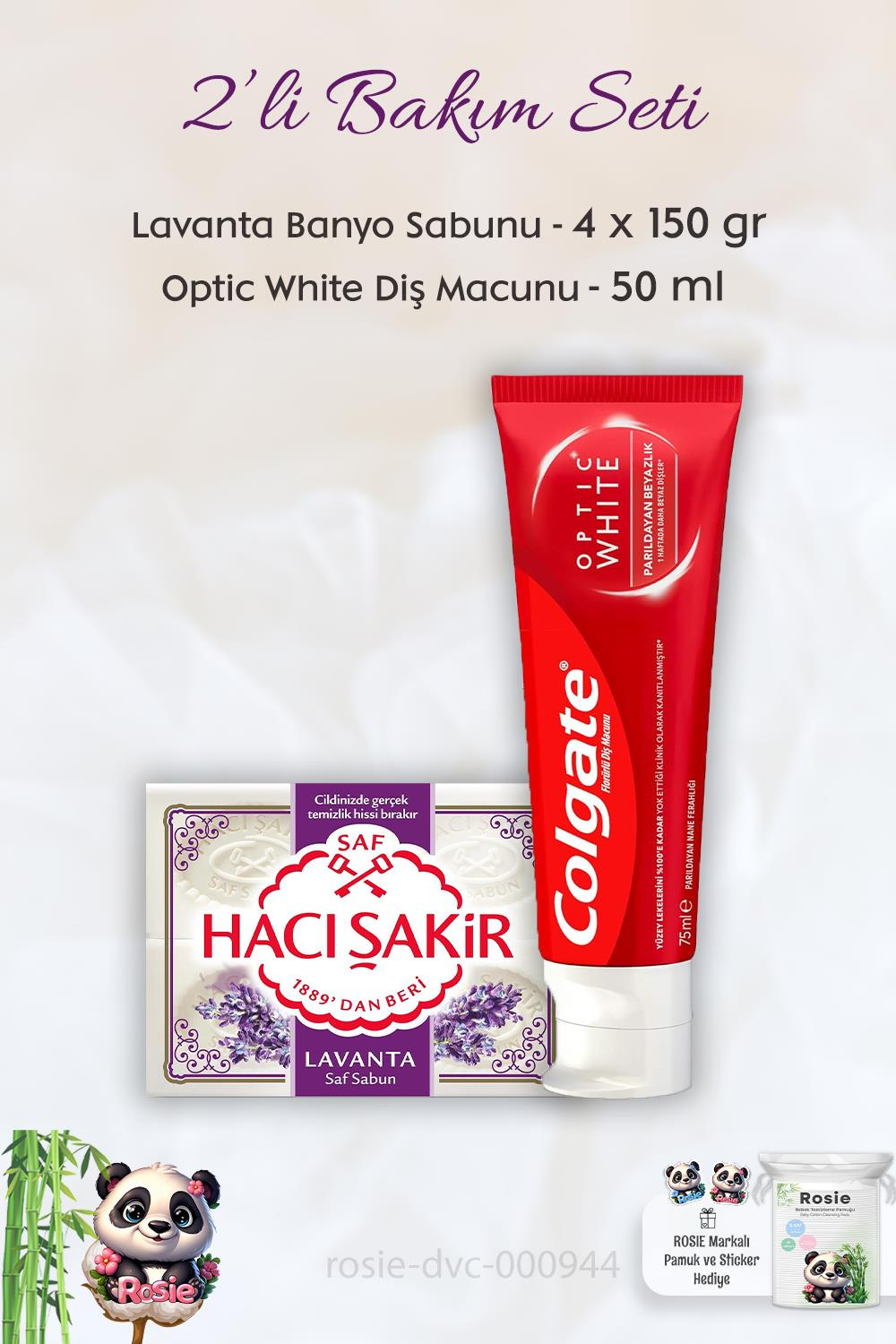 Colgate Optic White 50 ml Diş Macunu, H. Şakir  Lavanta Kokulu Banyo Sabunu 4 x 150 gr ve ROSIE