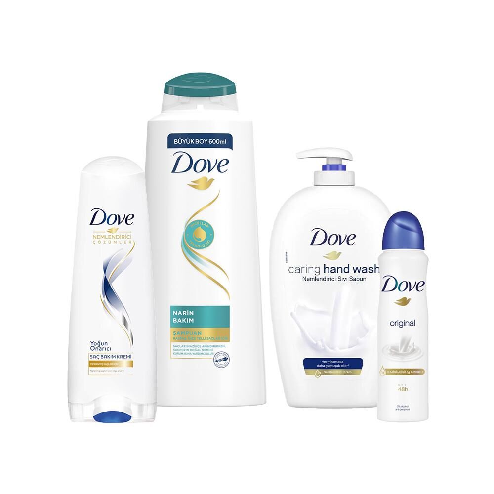 Dove Nemlendirici Sıvı Sabun, Yoğun Onarıcı Saç Kremi, Narin Bakım Şampuan ve Original Sprey Deodorant