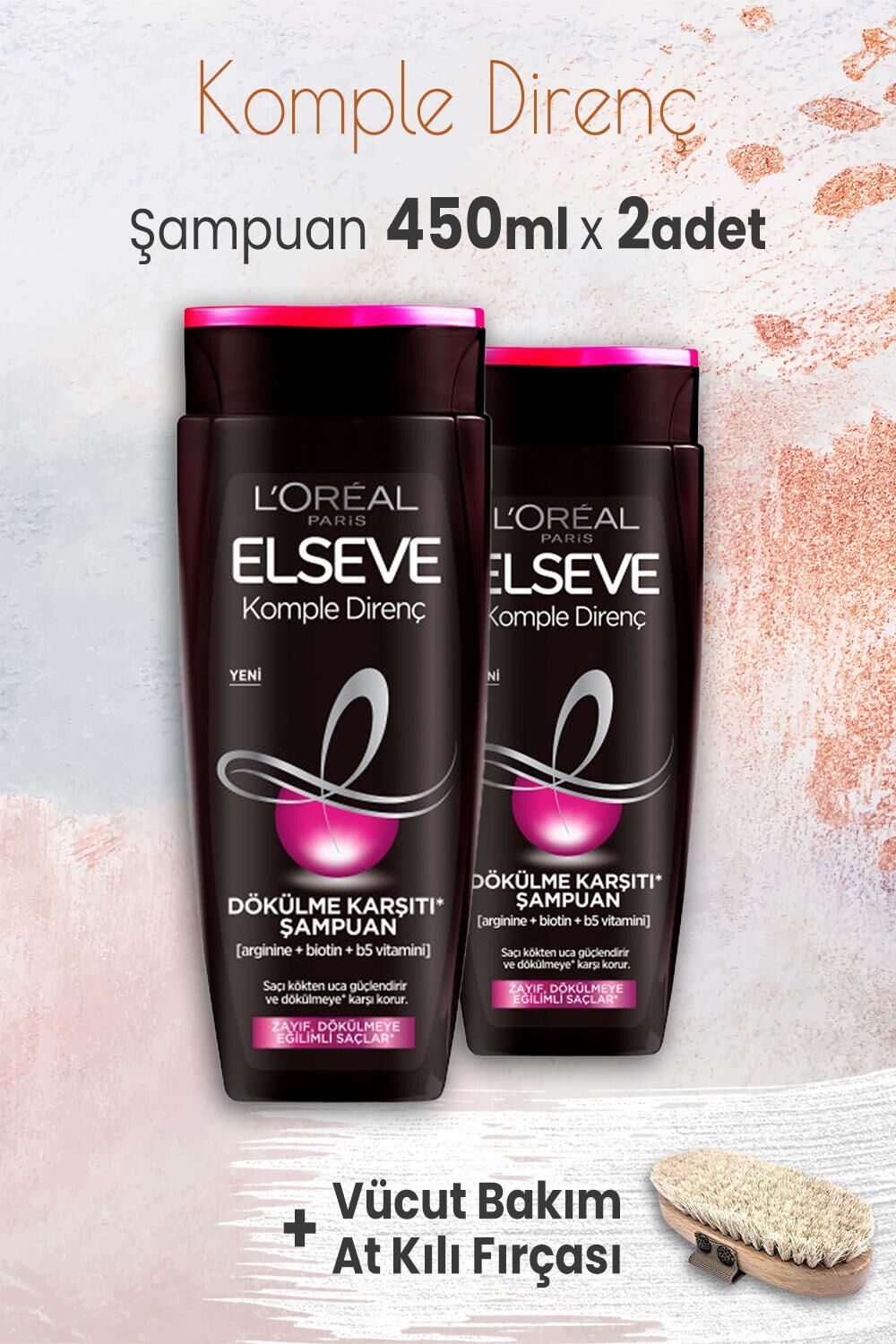 Elseve Komple Direnç Şampuan 450 ml x 2 Adet ve Vücut Bakım At Kılı Fırçası