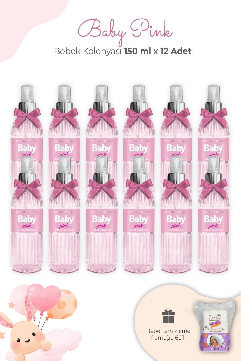 Eyüp Sabri Tuncer Baby Pınk Bebek Kolonyası 150 ml x 12 Adet ve Kare Bebek Pamuğu