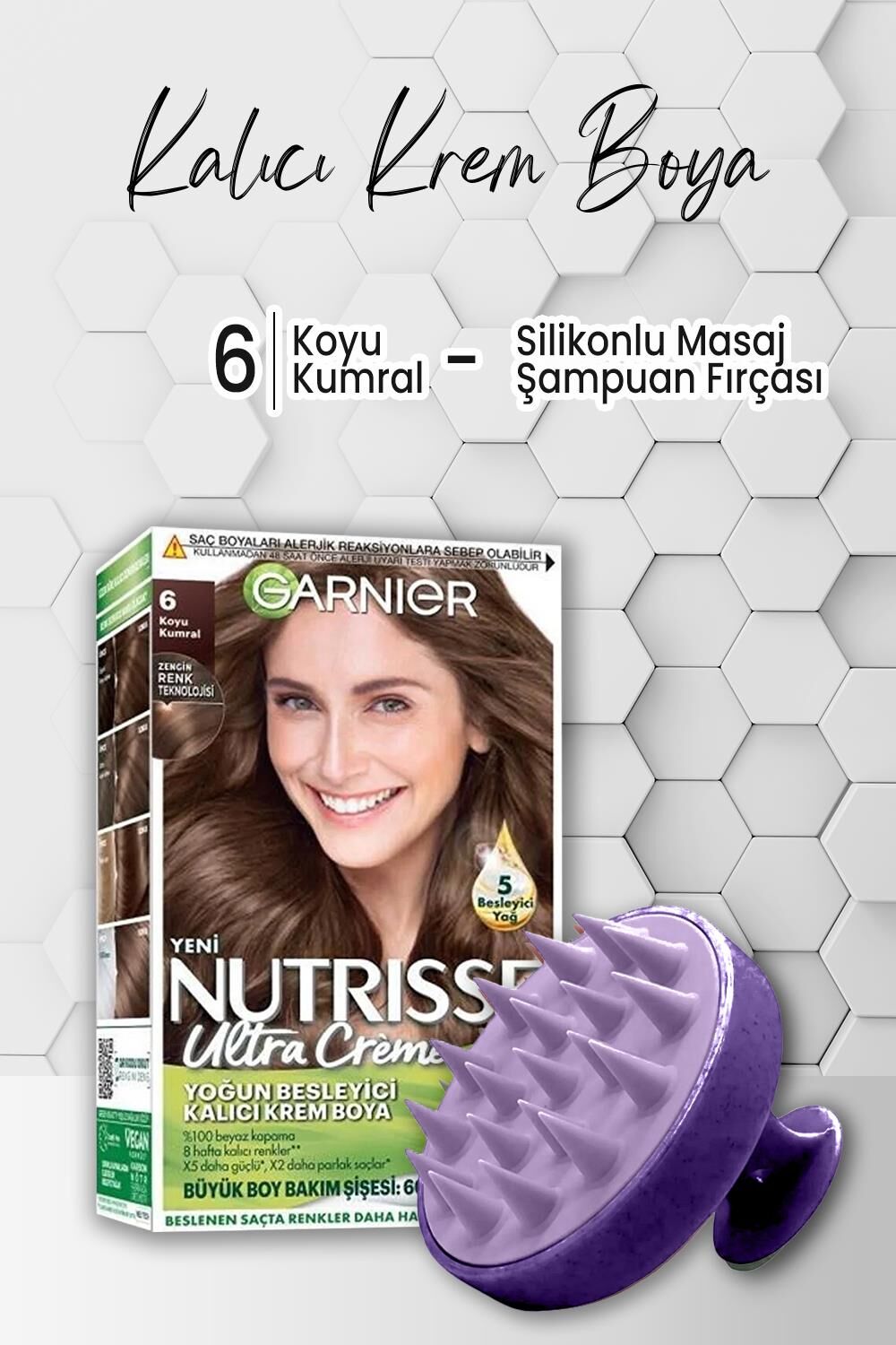 Garnier Nutrisse Yoğun Besleyici Krem Saç Boyası 6 Koyu Kumral ve Şampuan Fırçası Mor