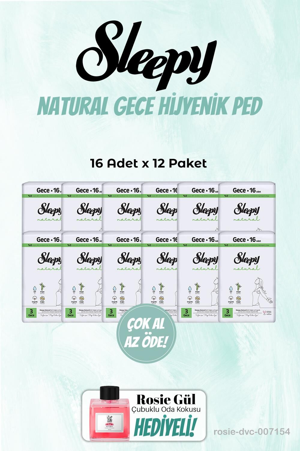 Sleepy 12 Paket Gece Natural 16'lı Hijyenik Ped ve Rosie Oda kokusu