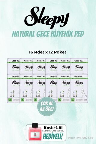 Sleepy 12 Paket Gece Natural 16'lı Hijyenik Ped ve Rosie Oda kokusu